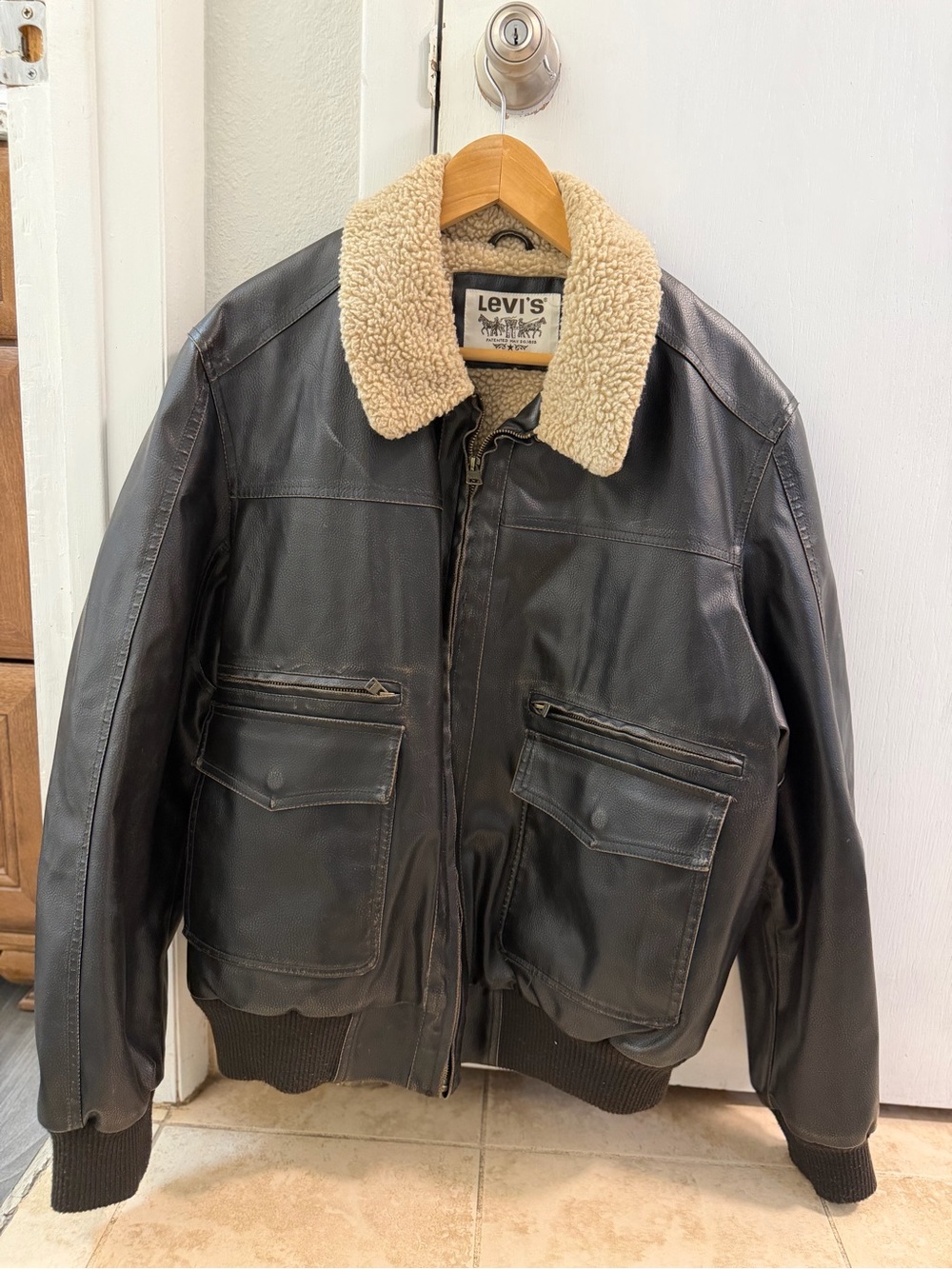 Levi's Black Leather Bomber Jacket with Cream Sherpa Collar